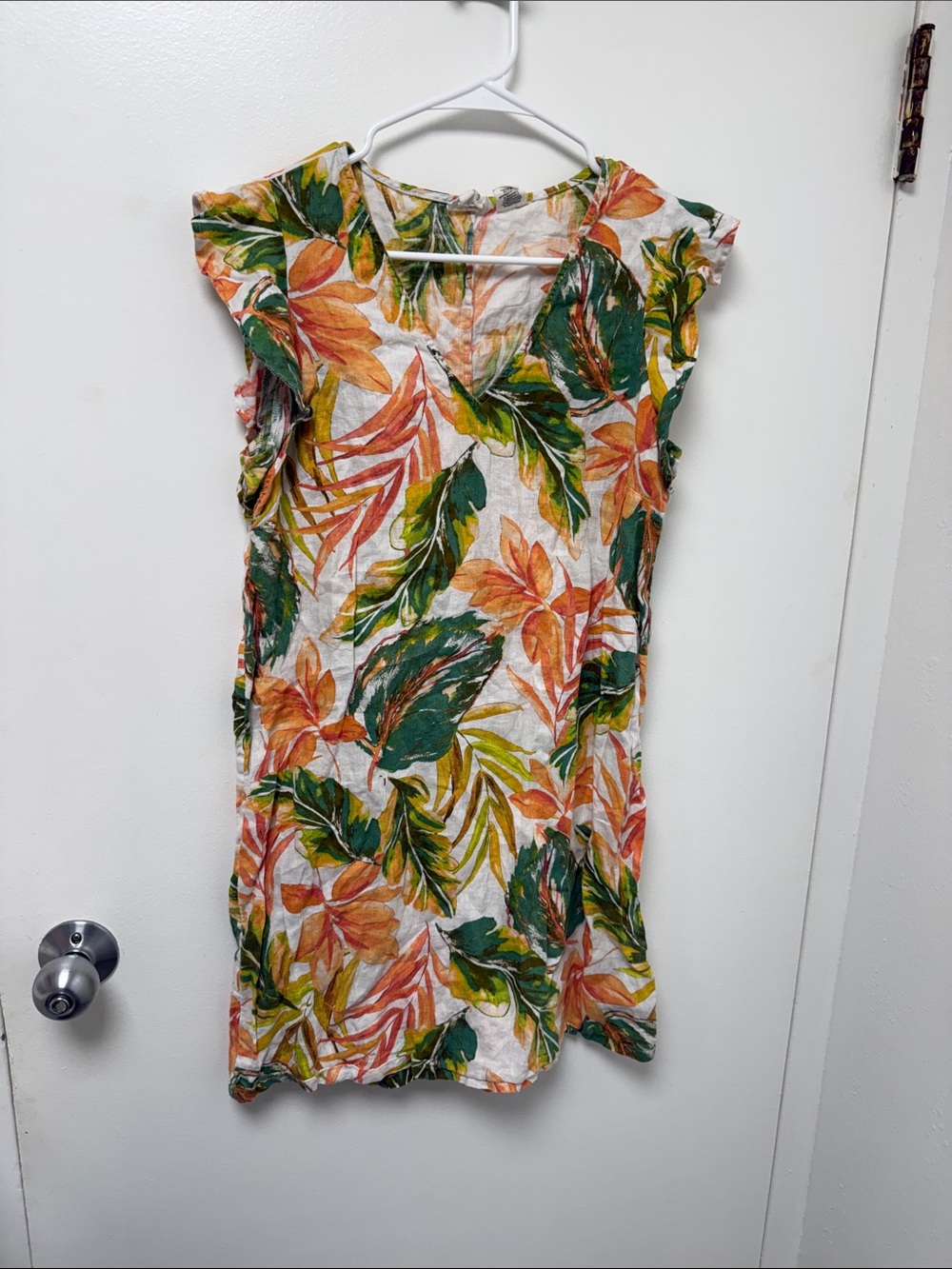 Nicole Miller 100% Linen Tropical Print Dress - White, Green & Orange